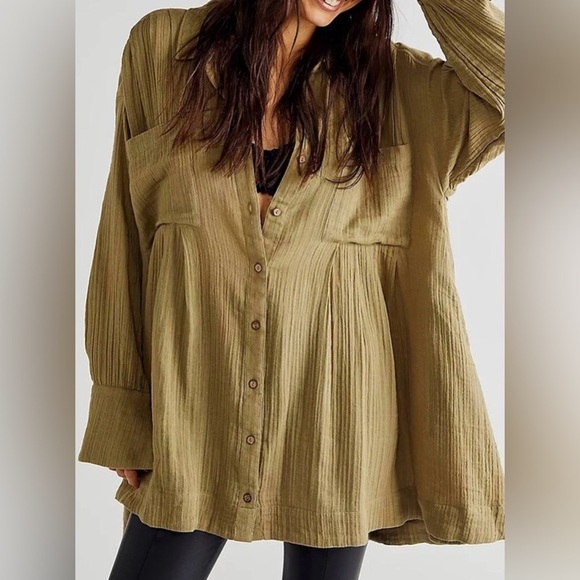 NWOT Free People XS The Voyager Shirtdress Oversized Olive Green New $108 - Picture 3 of 6